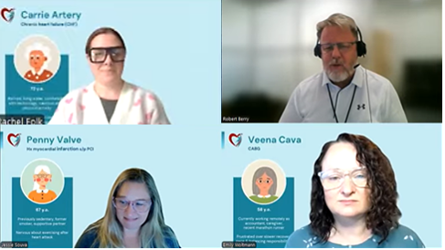 Screen capture showing what a virtual cardiac rehabilitation group session looks like. Shows three female participants and one clinical professional.